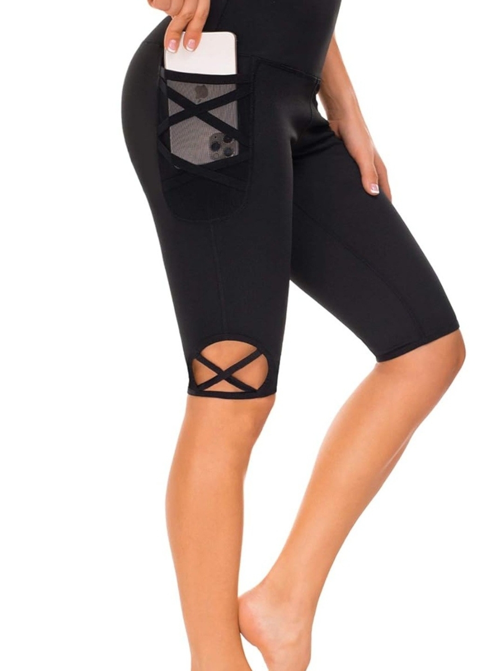 High-Waist Strappy Women's Black Bike Shorts with Side Pocket